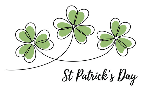 Dibujo minimalista de l&iacute;nea continua de tres tr&eacute;boles verdes para el D&iacute;a de San Patricio