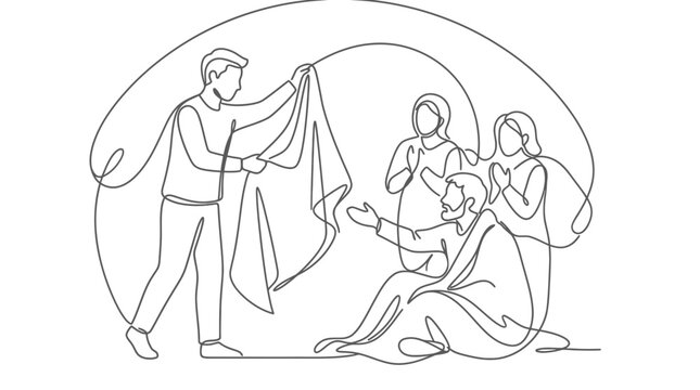 Continuous line art of a person helping poor people.