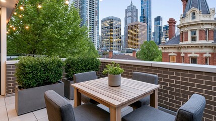 Obraz premium Charming Rooftop Terrace with City Skyline Views, Outdoor Seating, and Lush Greenery