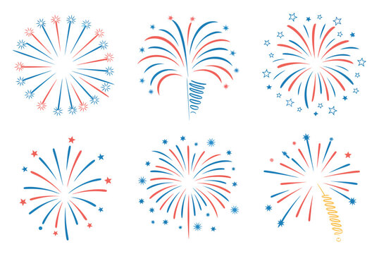 Conjunto de fuegos artificiales patri&oacute;ticos rojos y azules para el D&iacute;a de la Independencia