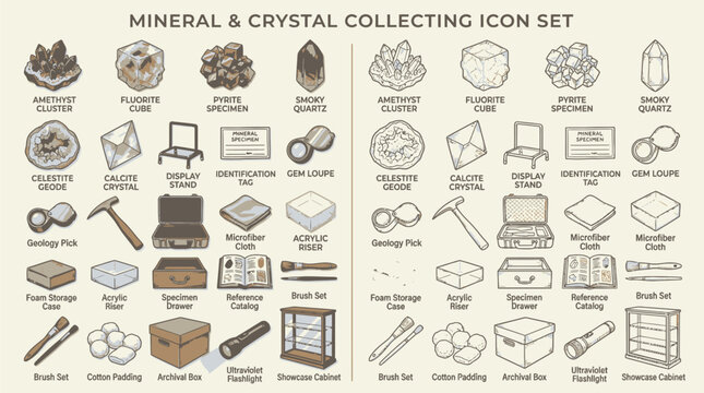 Mineral and Crystal Collecting Icon Set with Tools and Storage Solutions.