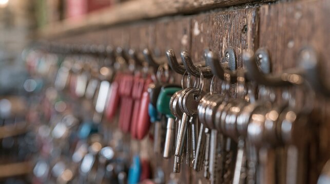 Large collection of various keys hanging on hooks on a wooden wall, security and access concept