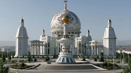 Obraz premium Grand Presidential Palace and Monument with Golden Orb Under Bright Blue Sky