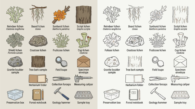 Illustration of various lichen species and scientific collection tools.