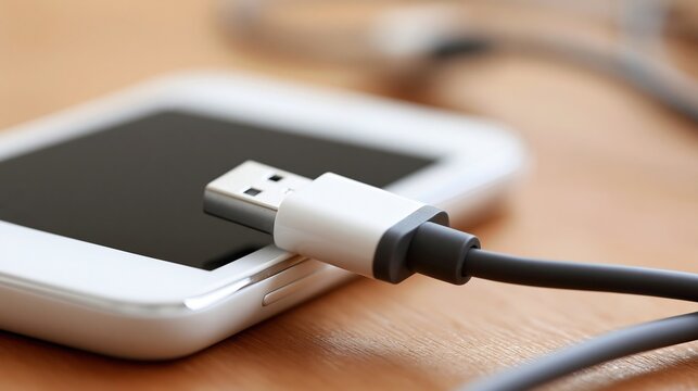 Close up of a white smartphone charging with a USB cable connected to its port, focusing on technology and connectivity