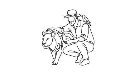 Continuous line art of a safari guide with wild animals. © hajar