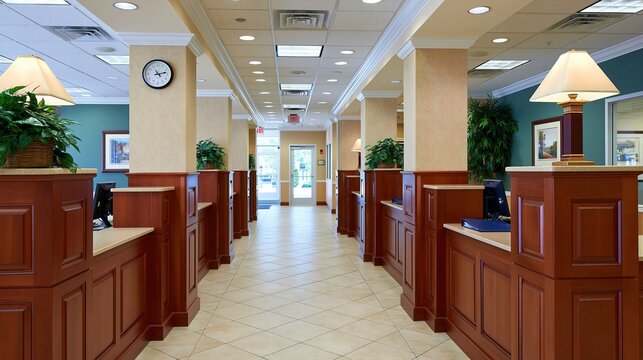 Interior of a Modern Bank Lobby with Teller Stations and Customer Service Desks
