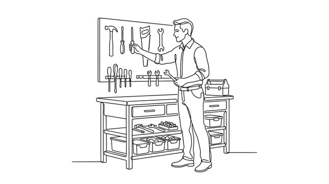 A man standing at a workbench choosing tools from a wall board.