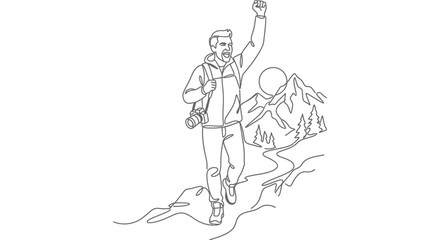 Obraz premium Continuous line drawing of a joyful male photographer hiking in mountains.