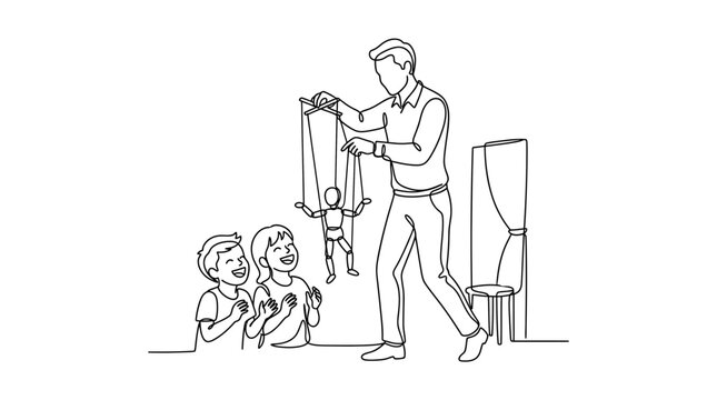 Continuous line drawing of a father performing a puppet show for his children.