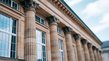 Obraz premium Grand Neoclassical Architecture with Iconic Columns and Reflective Windows Under a Bright Sky