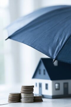 Conceptual image of a house protected by a blue umbrella, symbolizing insurance and financial security