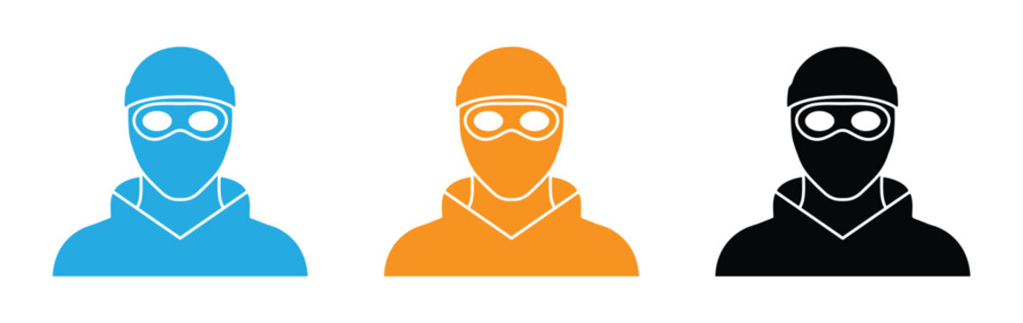 Robber Avatar Icon Vector  Set Featuring Burglar in Mask, Beanie, and Hoodie Silhouettes in Blue, Orange, and Black Colors, Flat Graphic Symbols for Crime Prevention, Home Security, Thief Concept .