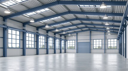 Obraz premium Spacious modern industrial warehouse interior with high ceilings, large windows, and bright lighting