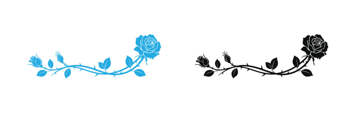 Elegant Rose  Icon Vine Floral Border Vector Set Featuring Blooming Roses, Rosebuds, Leaves, and Thorny Stems in Blue and Black Colors, Decorative Horizontal Divider for Wedding Invitations, Floral  .