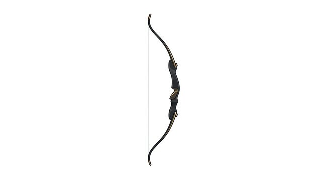 A sleek black recurve bow with gold accents stands ready for archery practice