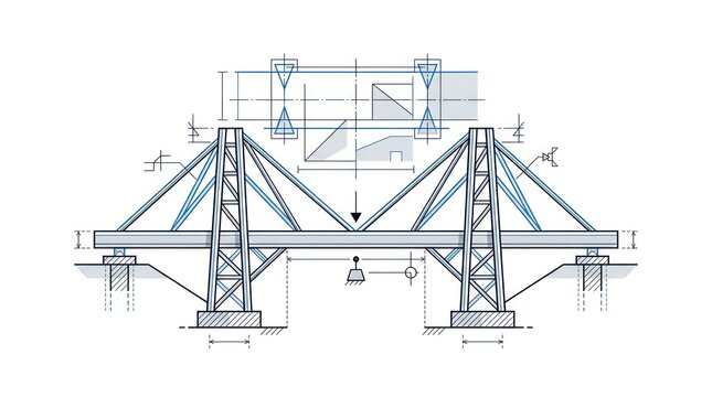 Detailed engineering blueprint and design schematic of a modern suspension bridge structure and