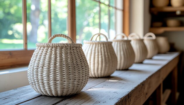 Handcrafted woven sweetgrass baskets on a rustic wooden shelf