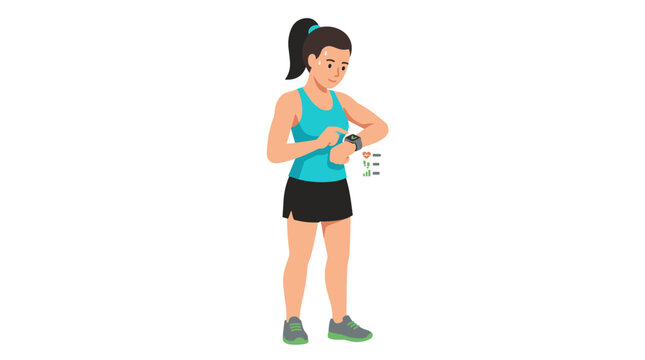 Mulher atl&eacute;tica verificando seu smartwatch ap&oacute;s o treino com dados de sa&uacute;de exibidos
