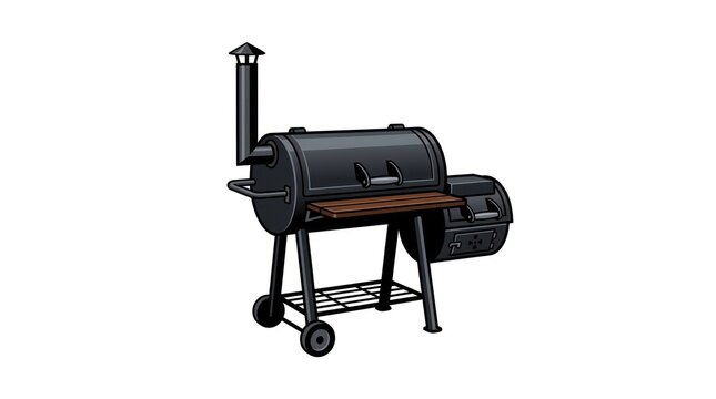 Classic Black Offset Smoker Grill with Side Firebox and Wooden Prep Table
