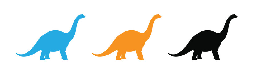 Dinosaur Icon Diplodocus Brachiosaurus Long Neck  Vector  Set Featuring Prehistoric Sauropod Animal Symbols in Three Colors Including Blue, Orange, and Black Solid Graphics for UI UX Design . © Nabila
