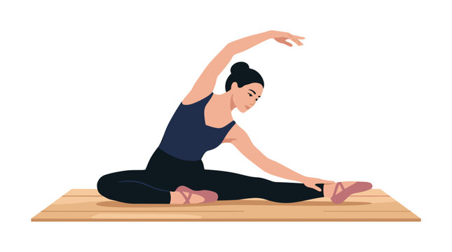 Ballet dancer stretching on a wooden mat in a side bend pose