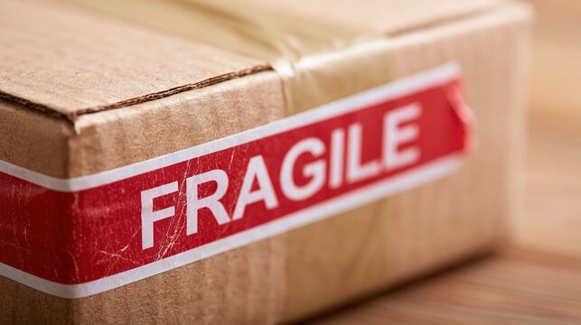 Close-up of a cardboard box sealed with bright red 'FRAGILE' warning tape, indicating careful handling during shipping and transit.