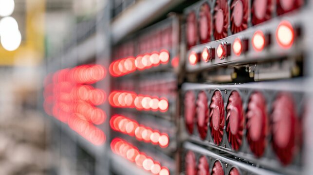 Close-up of a cryptocurrency mining rig with multiple glowing red LED lights and cooling fans