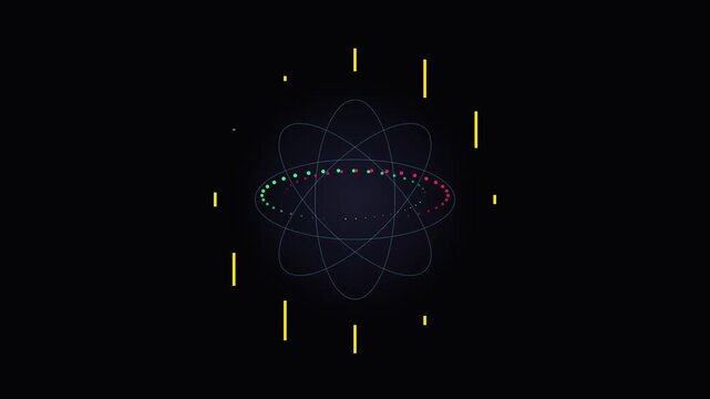 Abstract neon atomic orbital visualization on black background.