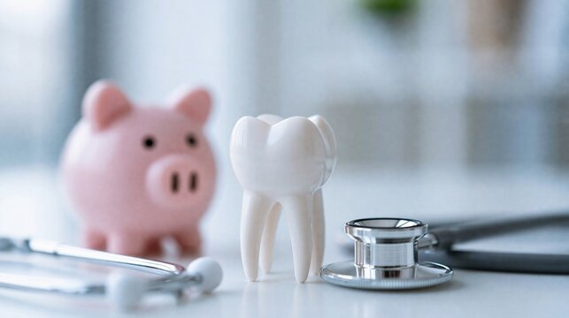 Financial Planning For Dental Health With Piggy Bank, Tooth Model, And Stethoscope On Desk