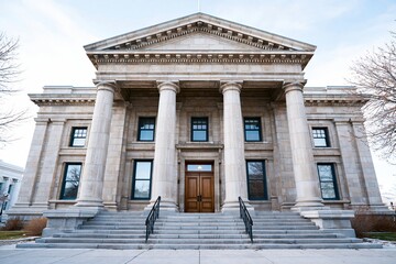 Obraz premium Majestic Neoclassical Architecture Featuring Grand Stone Columns and Staircase Under a Cloudy Sky