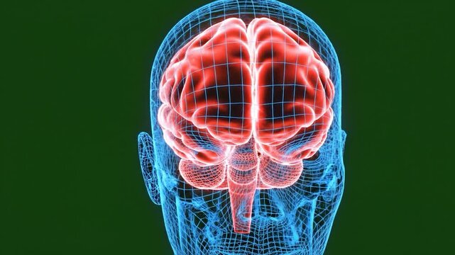 Blue wireframe human body model on a dark green background