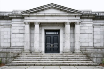 Obraz premium Grand stone building entrance with imposing columns, a triangular pediment, and a dark double door.