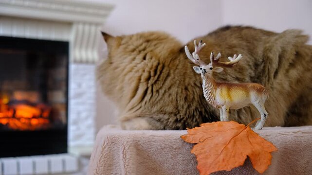 In a cozy room, a cat is lounging by the fireplace. The warm, dancing flames cast a gentle glow on the walls and highlight the cat&rsquo;s fur. The cat looks utterly relaxed, Autumn atmospheric mood