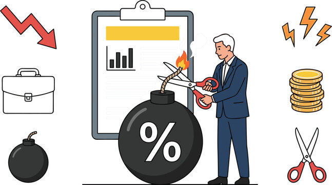 Debt relief and tax reduction strategy vector design featuring executive character using scissors to stop financial explosion