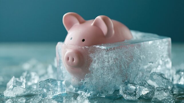 Pink Piggy Bank Frozen Solid in Ice Cubes Symbolizing Financial Freeze or Savings Stagnation
