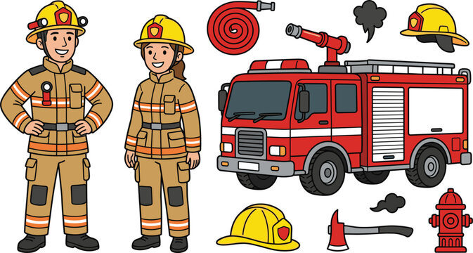 Firefighters flat vector illustration set featuring brave firemen characters emergency fire truck hose helmets axe and hydrant on white background