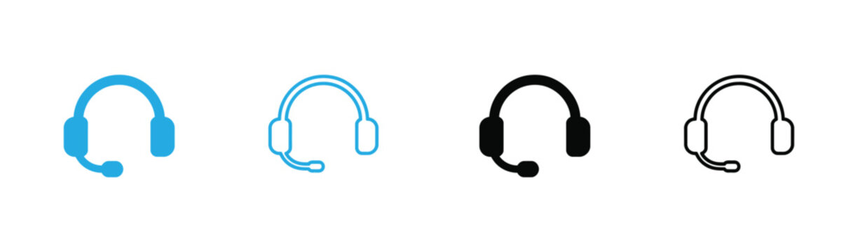 Headset Icon Customer Service Vector Set Featuring Headphone with Microphone Symbols in Four Distinct Styles Including Blue Glyph, Blue Line, Black Solid, and Black Outline Graphics for UI UX Design .