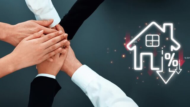 Hands Coming Together Over House Icon with Percentage Symbol Graphically Representing Real Estate Market Decline with Red Arrows Depicting Falling Trends Sigmoid