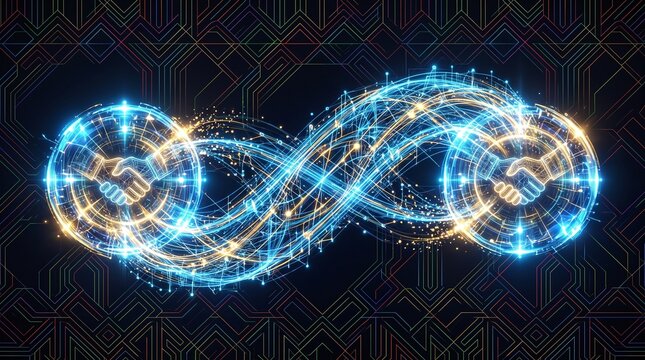 Glowing neon infinity loop with circular handshake icons representing endless global connection and partnership