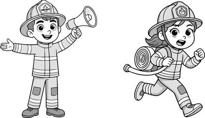 Firefighter Coloring Page Vector Set with Cute Cartoon Boy and Girl Firefighters Holding Megaphone and Running with Hose for Kids Education Activities