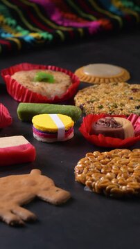 Close-up of gourmet regional desserts and sweet snacks top view. Traditional Mexican candies