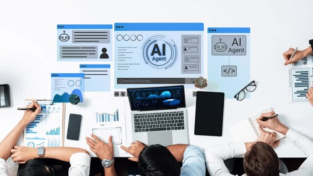 Collaborative workspace showcasing artificial intelligence tools and data analysis with diverse professionals engaged in project management and strategy planning. Entropy.