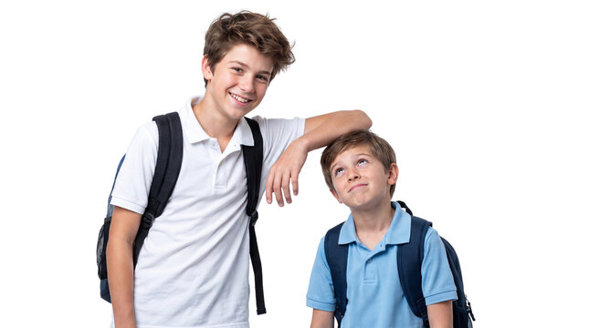 Two Happy Schoolboys with Backpacks Isolated on Transparent Background, Older and Younger Brothers Back to School Concept