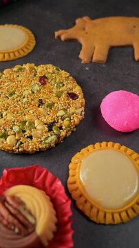Mexican peanut brittle, amaranth seed candy, and sweet pastries aerial view