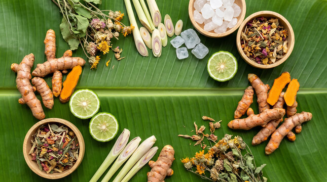 Thai Herbal Medicine Ingredients on Banana Leaf