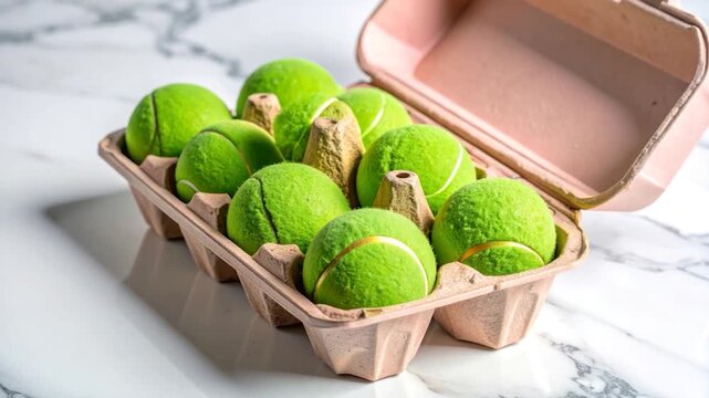 Tennis balls replace eggs in a carton on a marble surface. Close-up photo