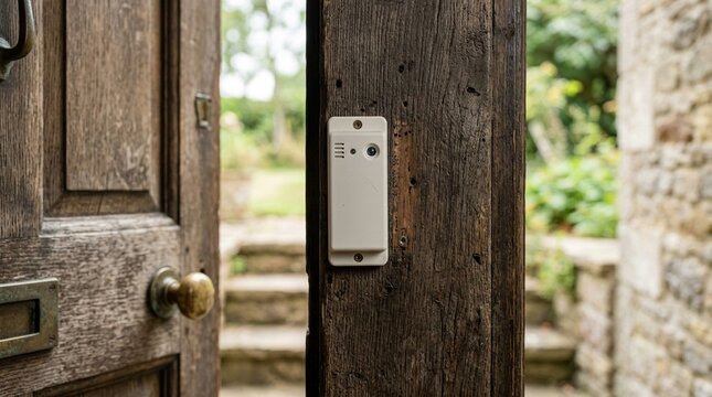 Wandering alert door sensor mounted beside a front entrance, dementia and memory care concept