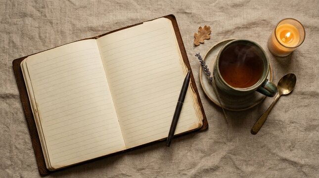 Journal open to a page of handwritten reflections beside a cooling cup of tea, respite care and self-care concept