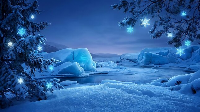 Glowing magical winter landscape with floating snowflakes.